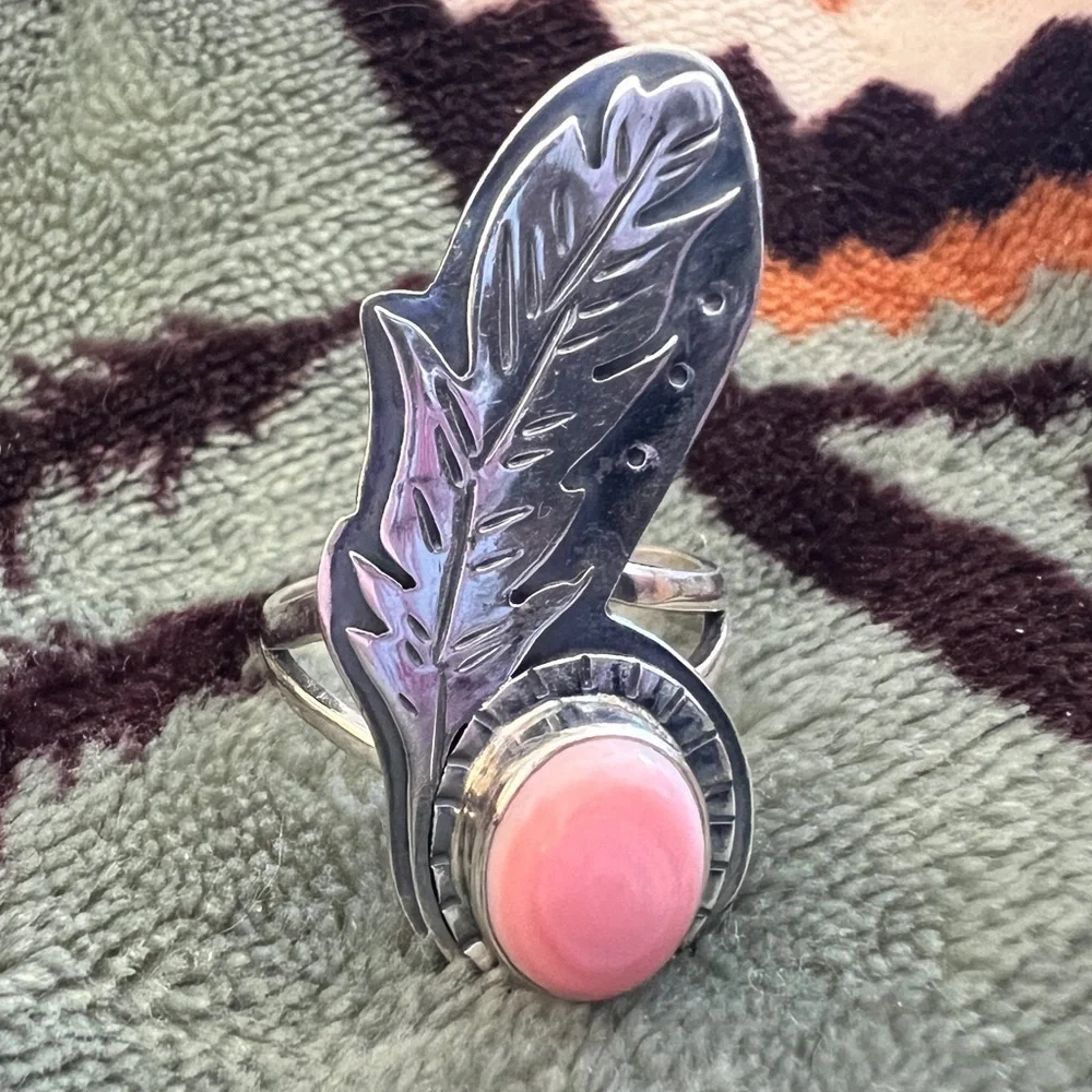 ❤️ Queen Pink Conch Feather Statement Ring 925 Sz 8.5 Southwest Native Influence